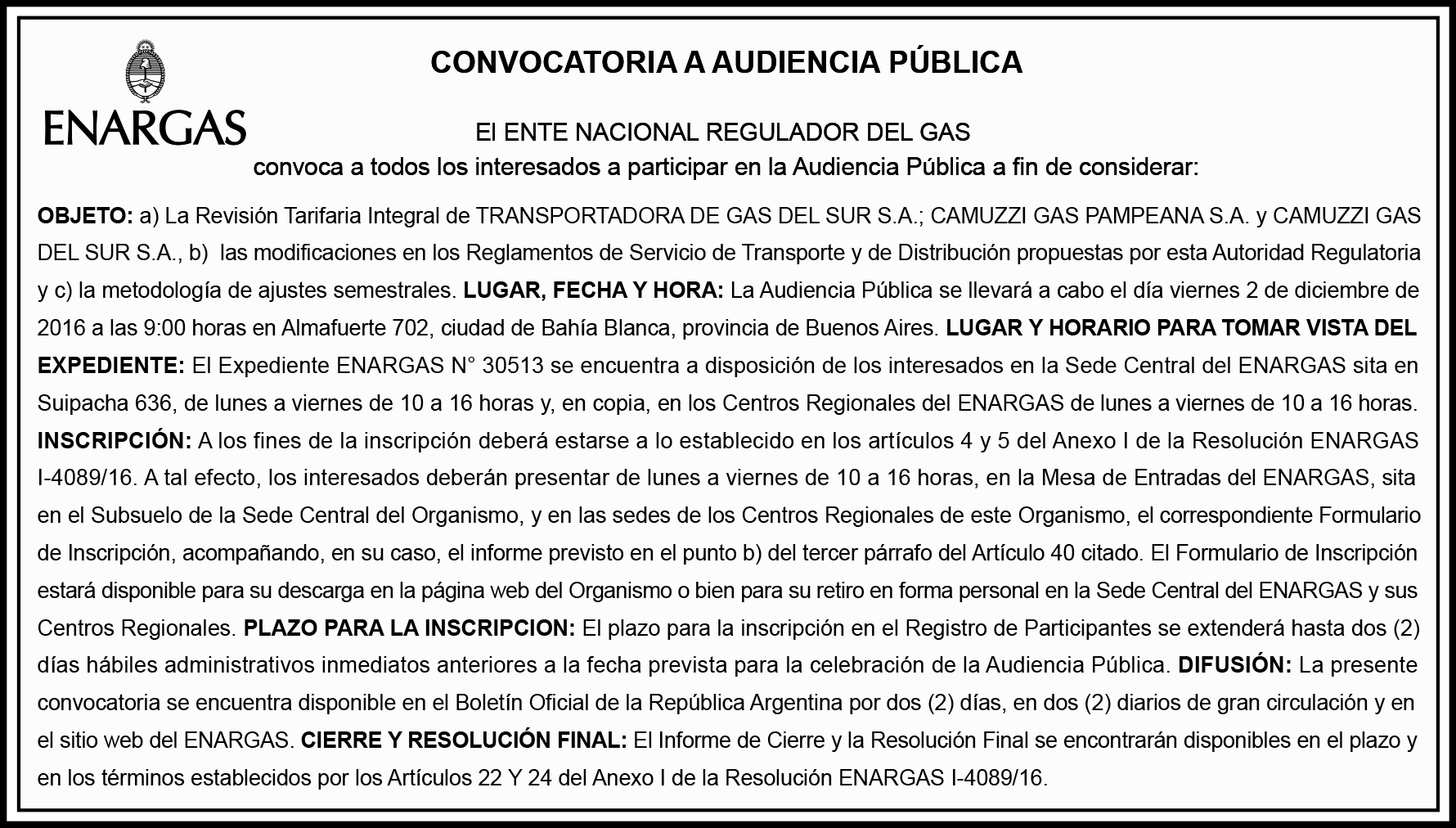 Aviso Audiencia Pública Nº84