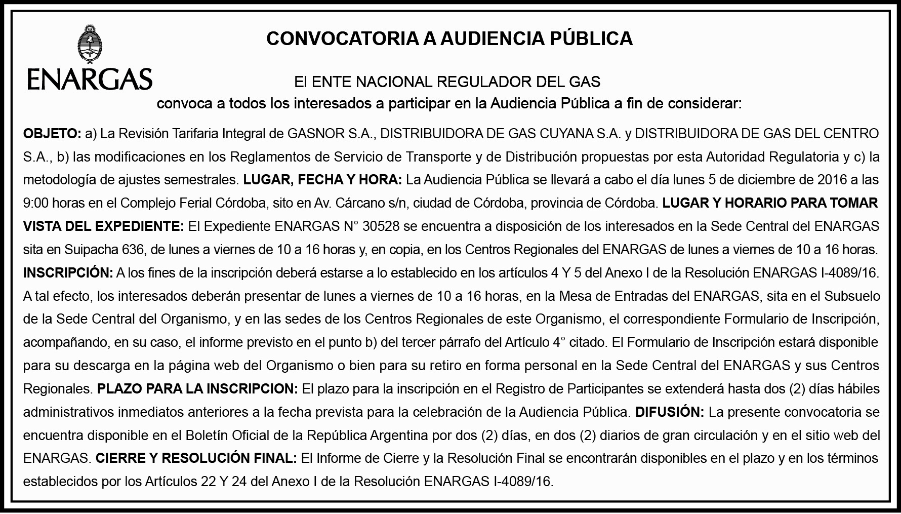 Aviso Audiencia Pública Nº85