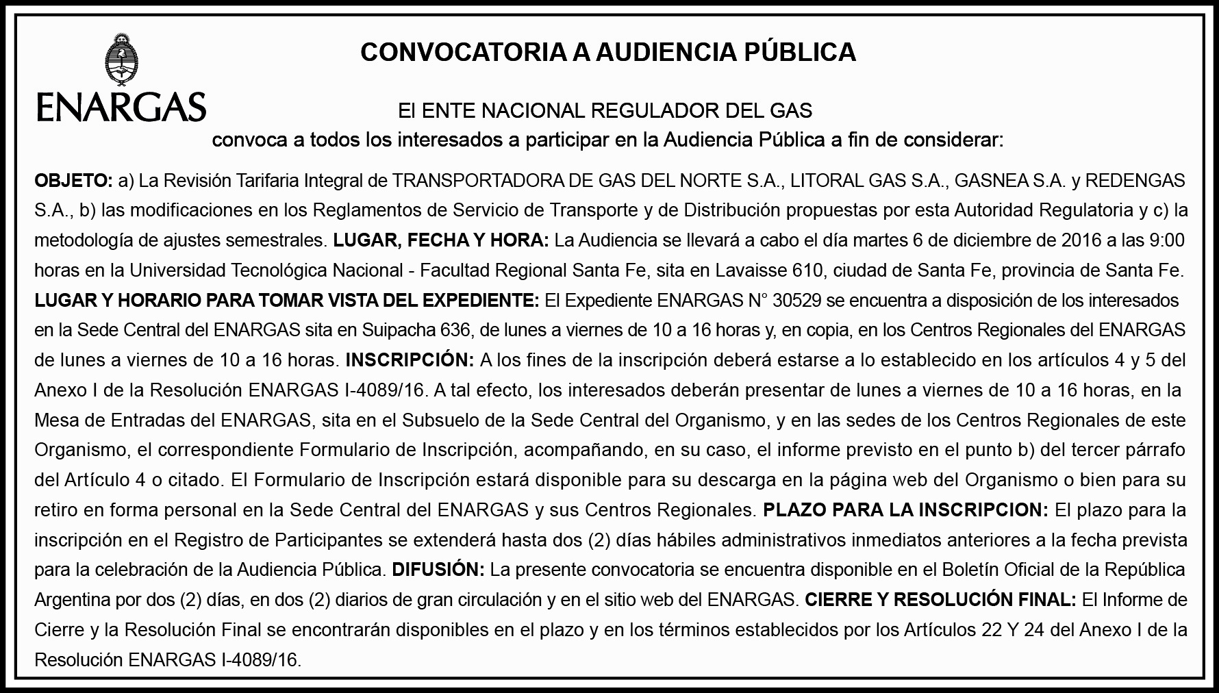 Aviso Audiencia Pública Nº86