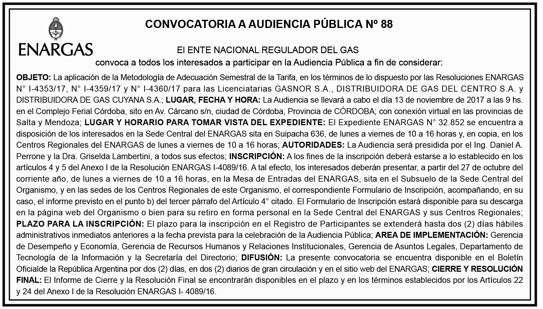 Aviso Audiencia Pública Nº88