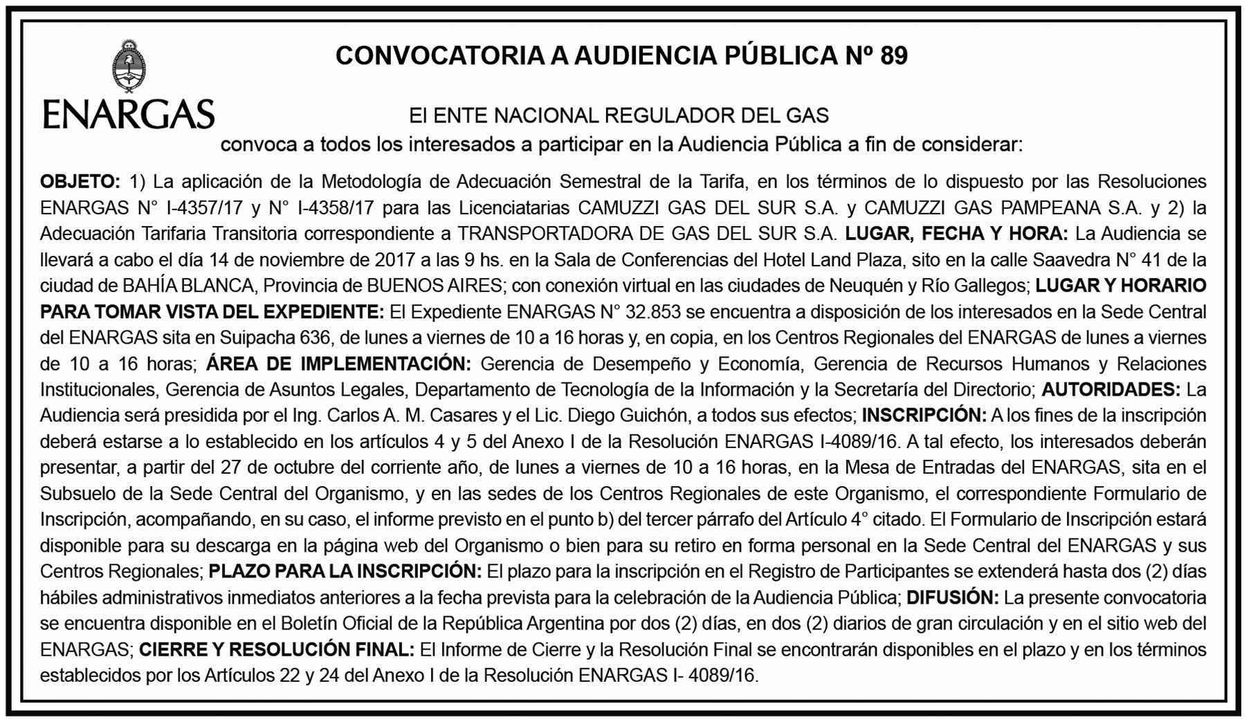 Aviso Audiencia Pública Nº89