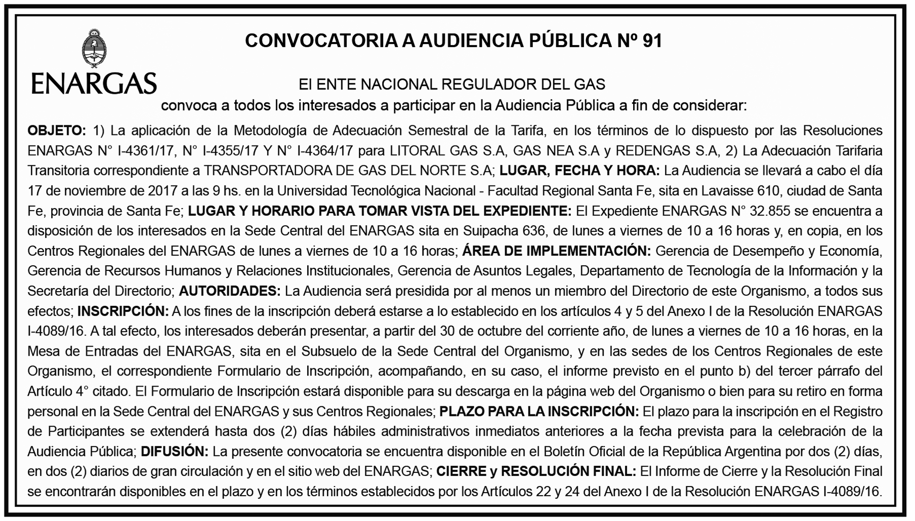 Aviso Audiencia Pública Nº91