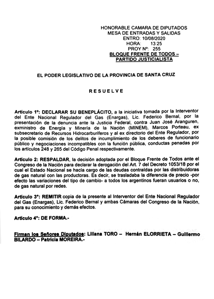 El Poder Legislativo de Santa Cruz declaró su beneplácito a la iniciativa tomada por Bernal que denunció penalmente a Aranguren